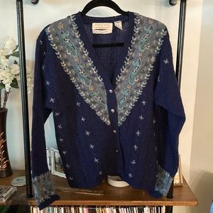 Vintage Portraits by northern isles Hand Embroidered Wool Cable Knit Cardigan